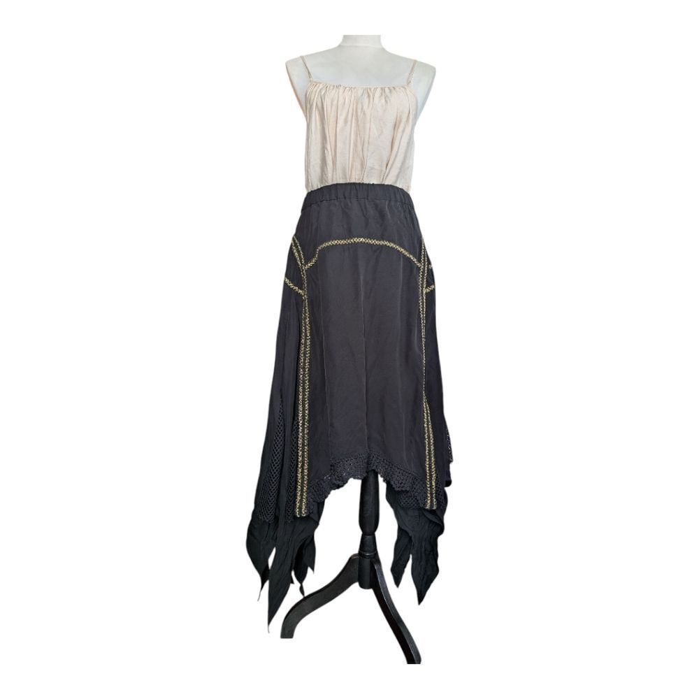 Ixiah Black and Gold Asymmetrical Handkerchief Hem Twirly Midi Skirt Size M - Picture 13 of 14